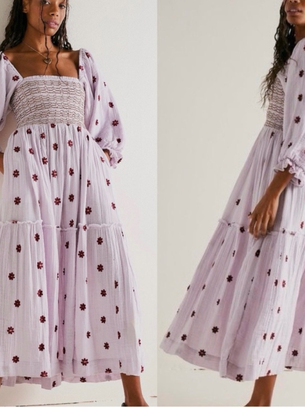 Free People Dahlia PurpleMaxi Dress with Burgundy Floral Embroidery Puff Sleeve